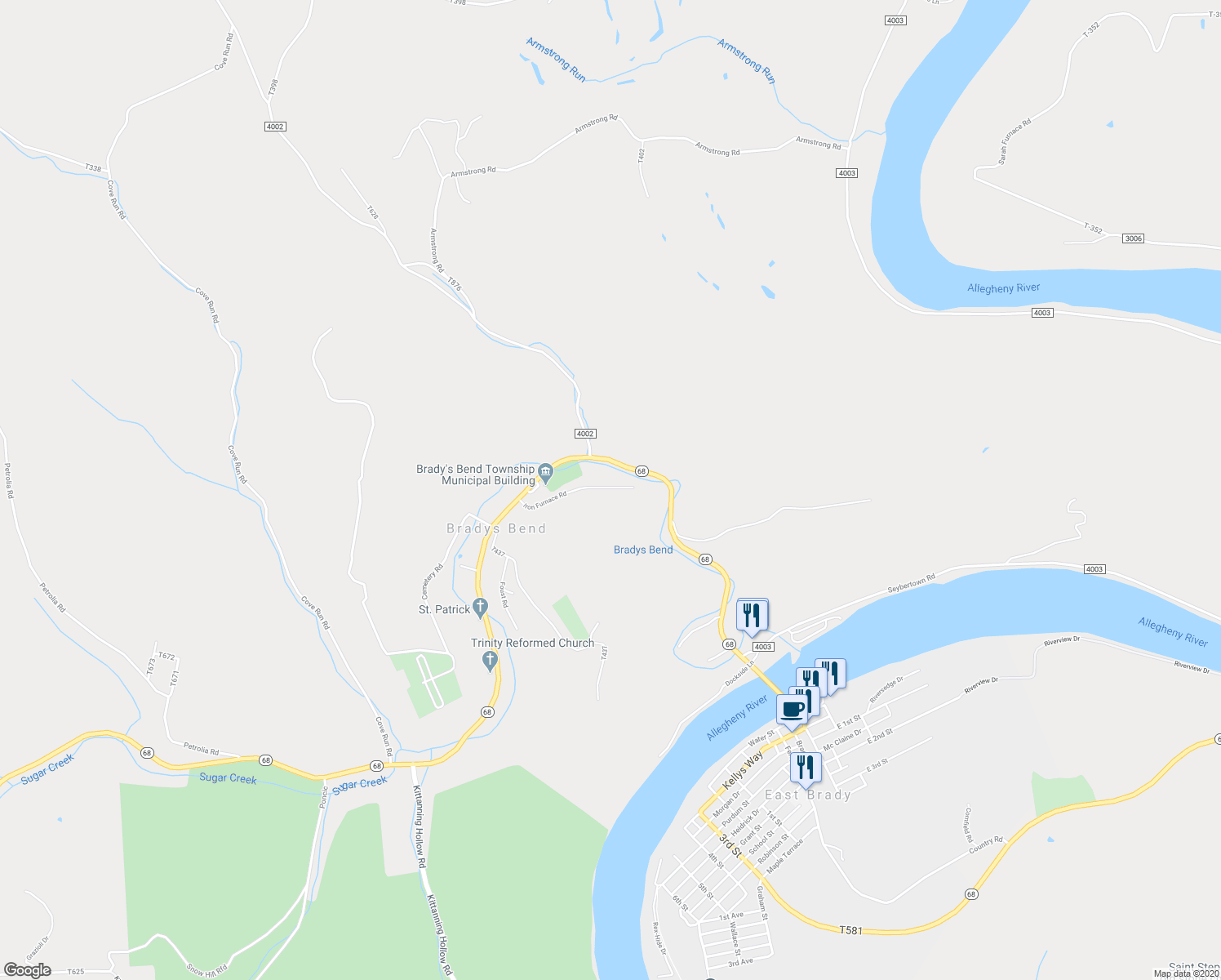 map of restaurants, bars, coffee shops, grocery stores, and more near 212 Iron Furnace Rd in East Brady