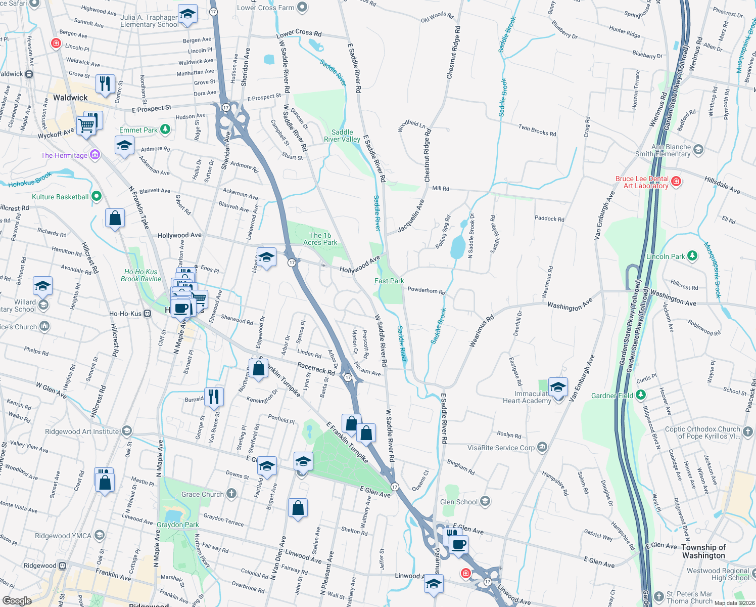 map of restaurants, bars, coffee shops, grocery stores, and more near 743 W Saddle River Rd in Ho-Ho-Kus