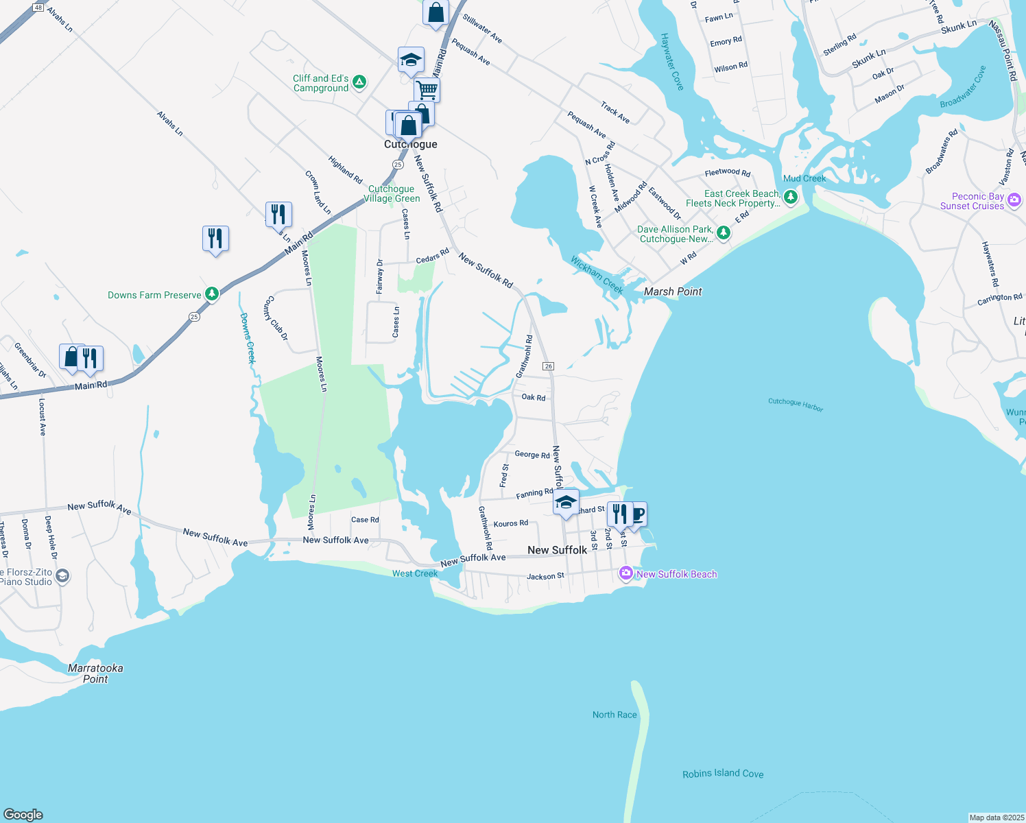 map of restaurants, bars, coffee shops, grocery stores, and more near 2585 Grathwohl Road in New Suffolk