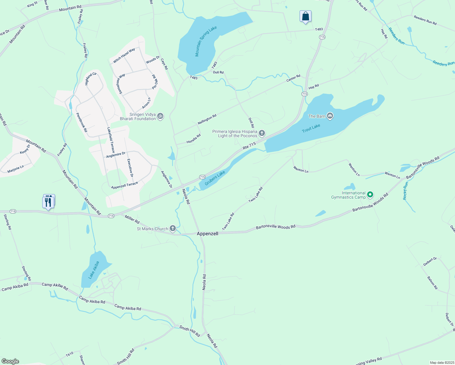 map of restaurants, bars, coffee shops, grocery stores, and more near 165 South Lane in Stroudsburg