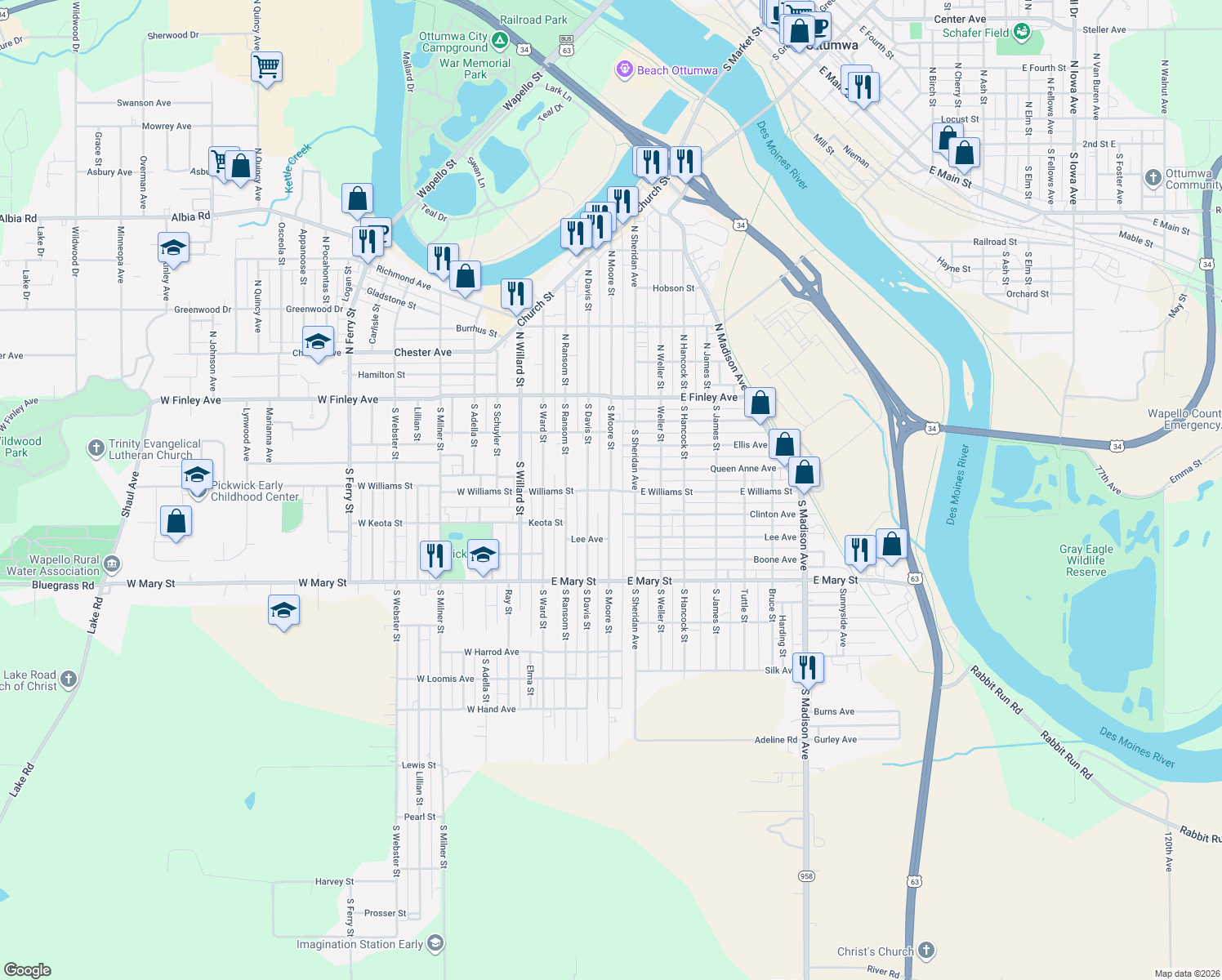 map of restaurants, bars, coffee shops, grocery stores, and more near 298 S Moore St in Ottumwa