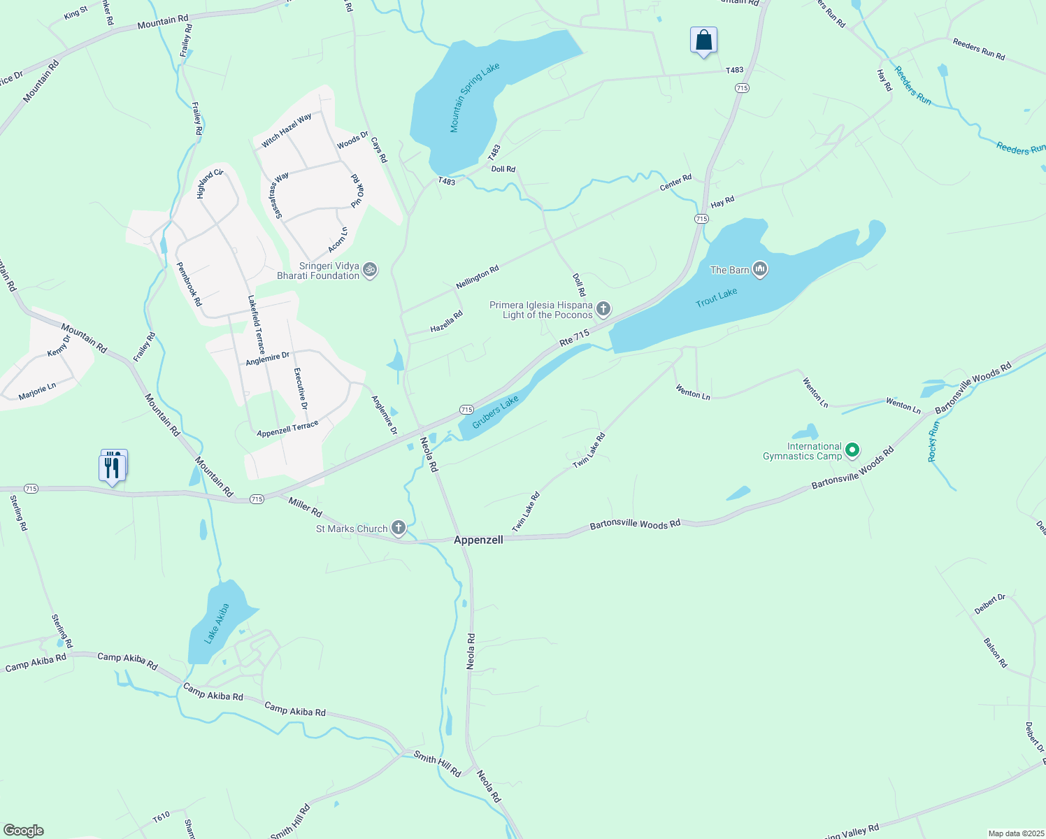 map of restaurants, bars, coffee shops, grocery stores, and more near 165 South Lane in Stroudsburg