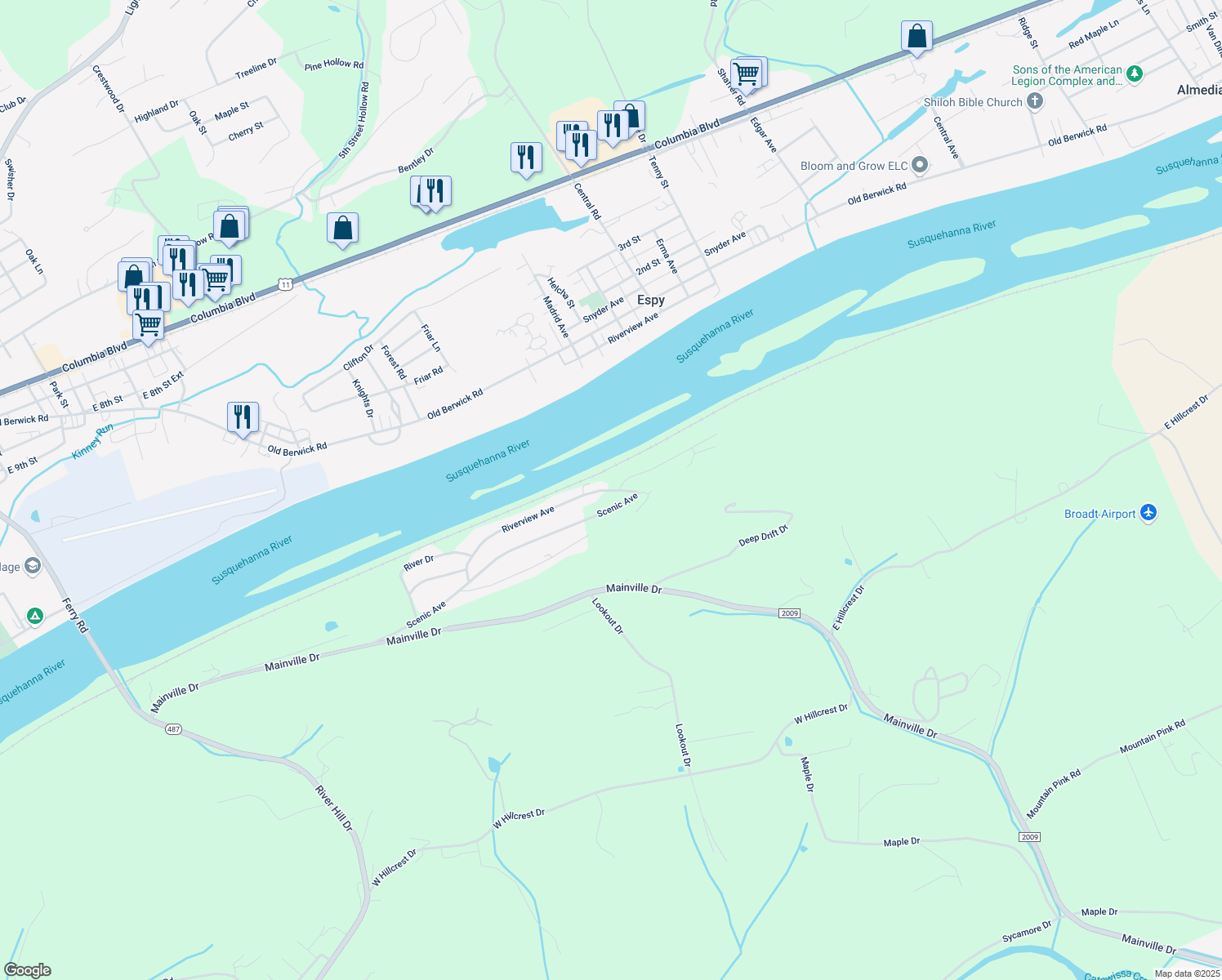 map of restaurants, bars, coffee shops, grocery stores, and more near 598 T417 in Bloomsburg