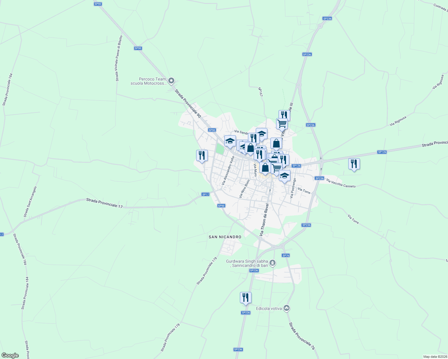 map of restaurants, bars, coffee shops, grocery stores, and more near 19 Via Francesco Caiati in Sannicandro di Bari