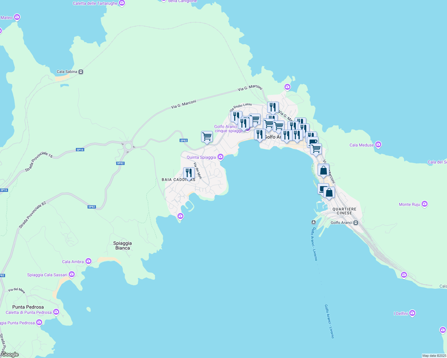 map of restaurants, bars, coffee shops, grocery stores, and more near 29 Via del Ginepro in Golfo Aranci