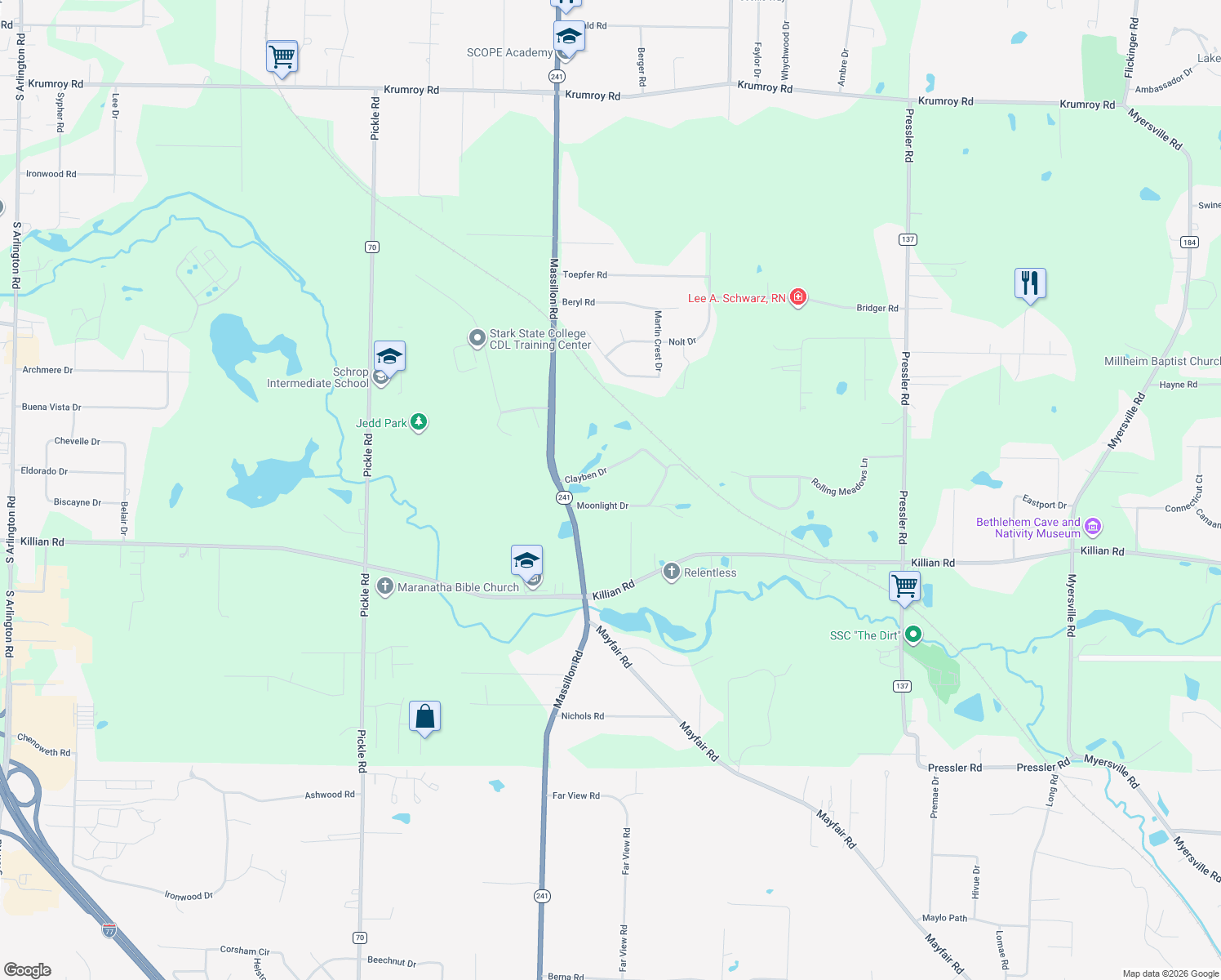map of restaurants, bars, coffee shops, grocery stores, and more near 1743 Moonlight Drive in Akron