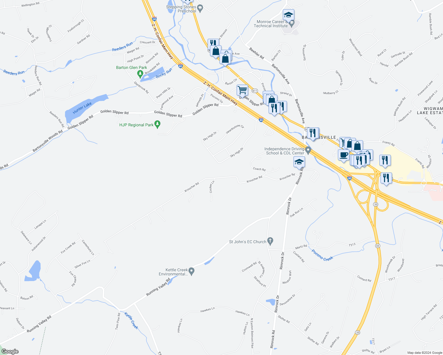 map of restaurants, bars, coffee shops, grocery stores, and more near 1240 Kroucher Road in Stroudsburg