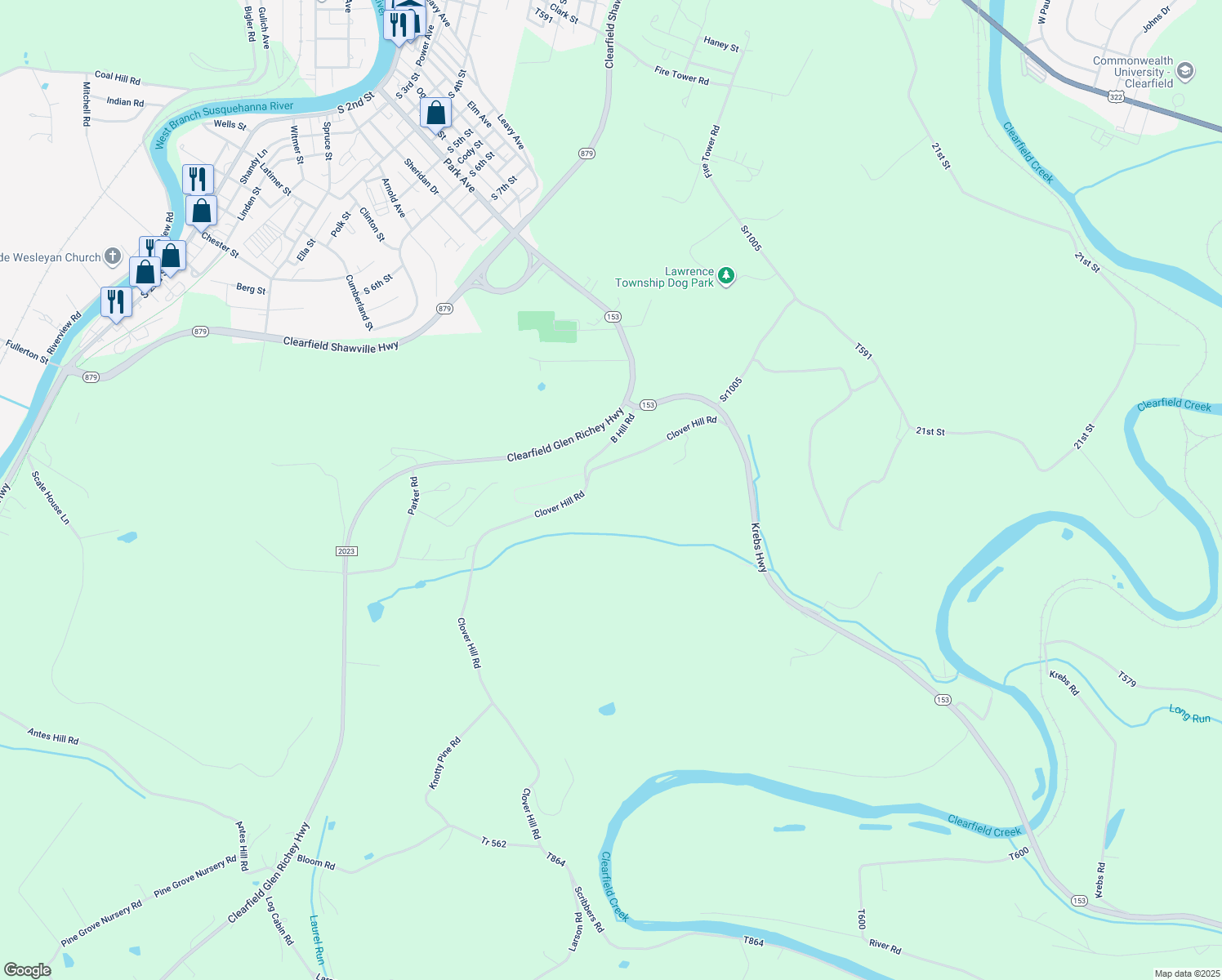 map of restaurants, bars, coffee shops, grocery stores, and more near in Clearfield