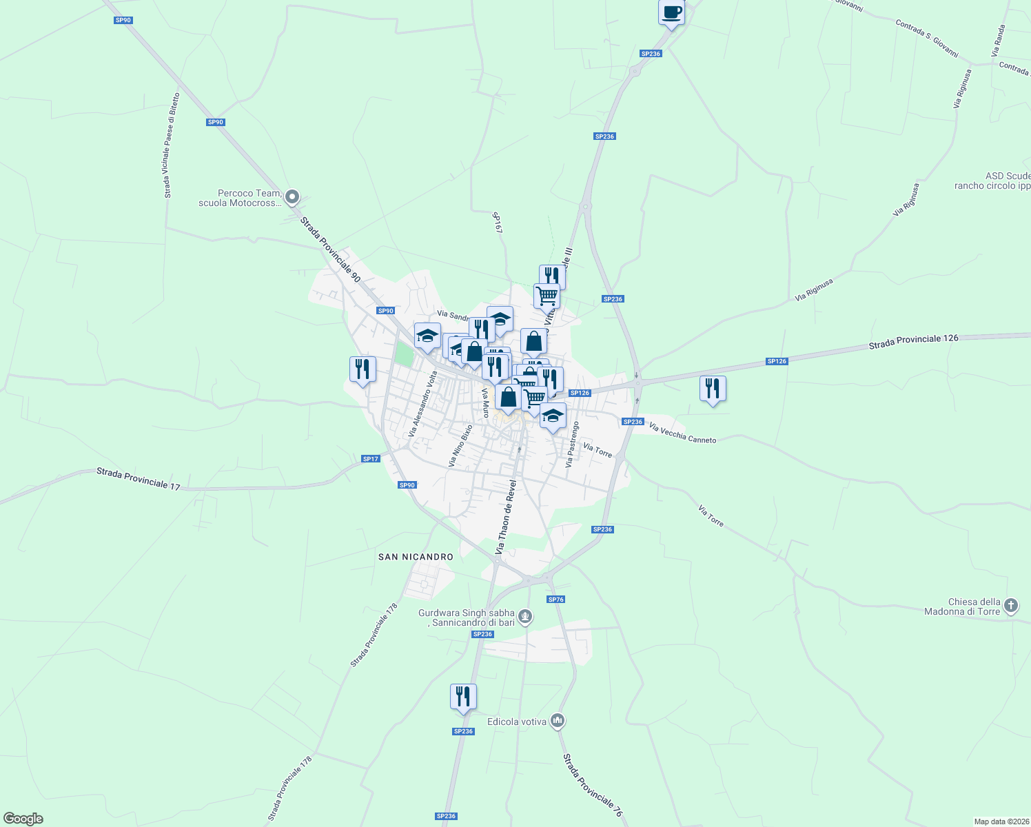 map of restaurants, bars, coffee shops, grocery stores, and more near 6 Via Bolognese Ten. Franz in Sannicandro di Bari
