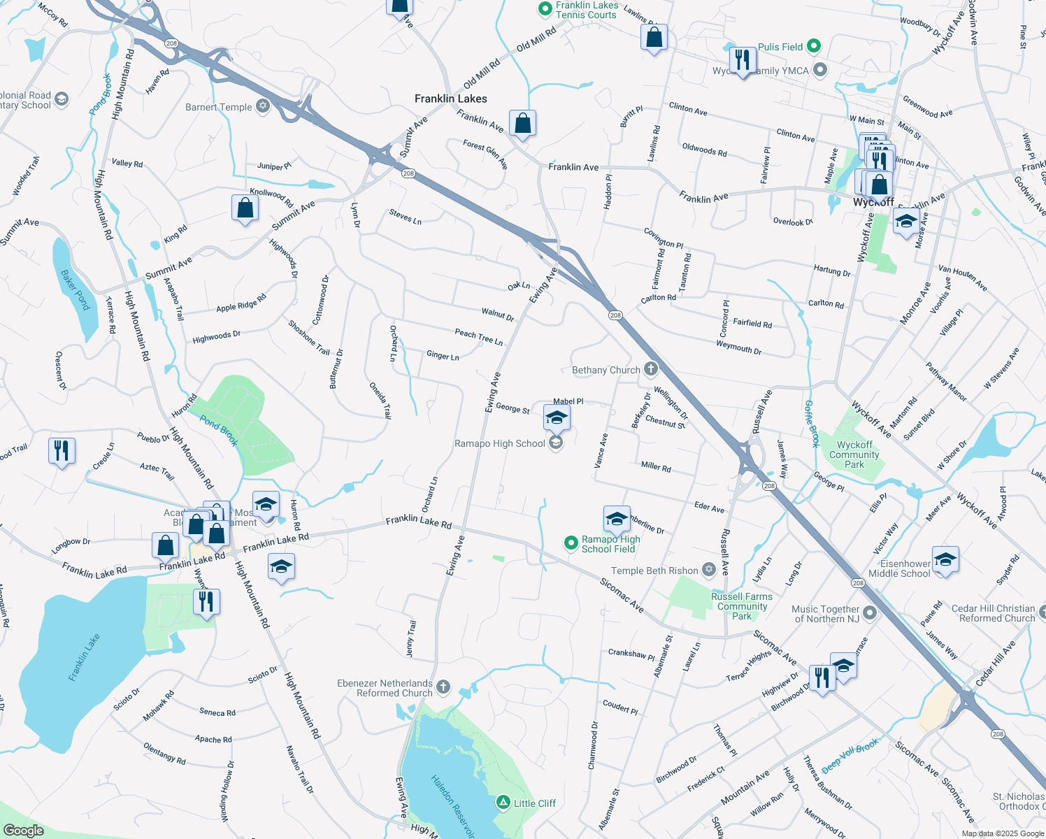 map of restaurants, bars, coffee shops, grocery stores, and more near 324 George St in Franklin Lakes