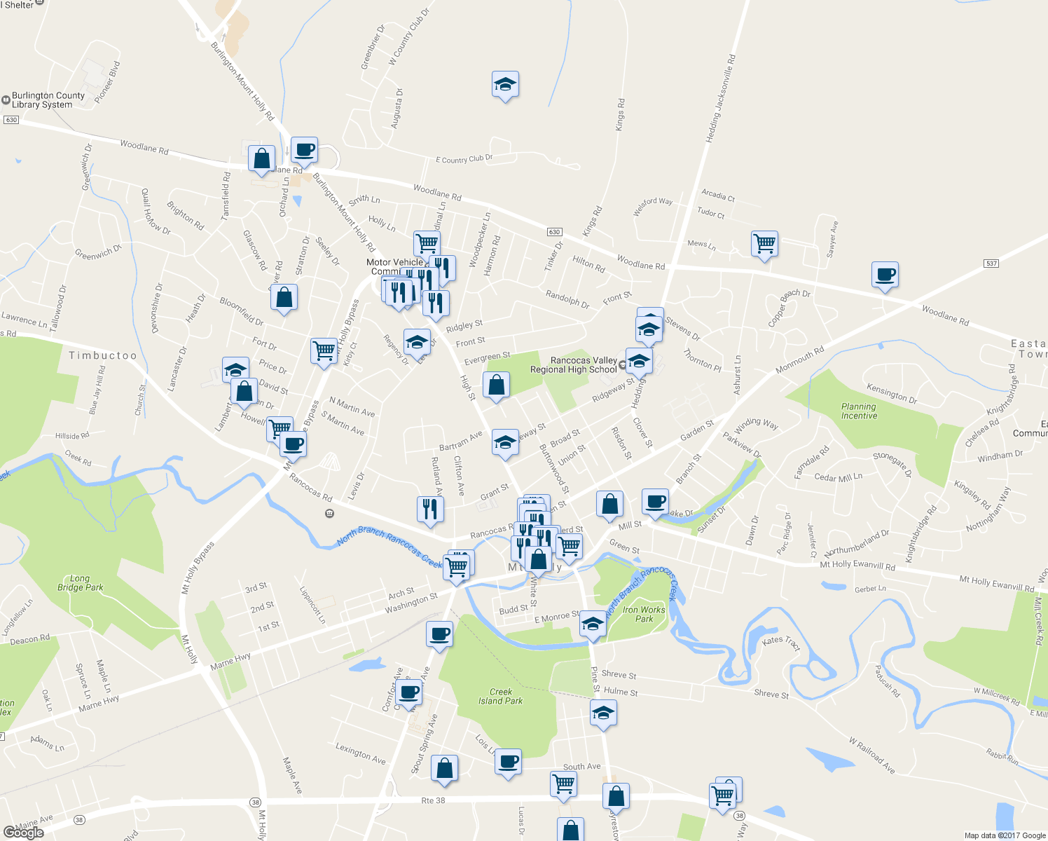 map of restaurants, bars, coffee shops, grocery stores, and more near 400 Buttonwood St in Mt Holly