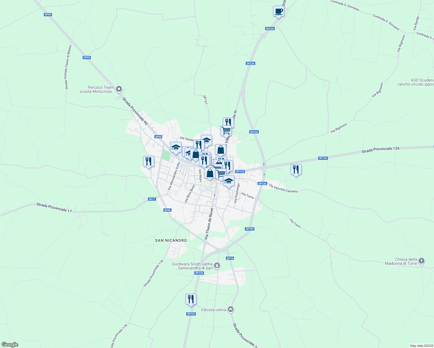 map of restaurants, bars, coffee shops, grocery stores, and more near in Sannicandro di Bari