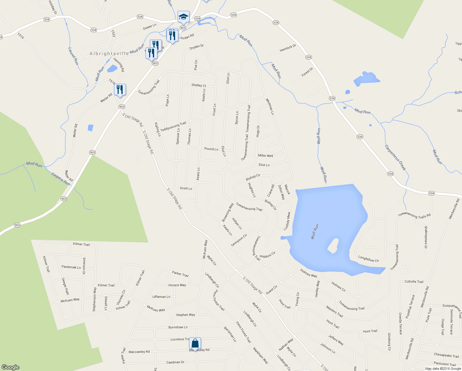 map of restaurants, bars, coffee shops, grocery stores, and more near 90 Bishop Circle in Albrightsville