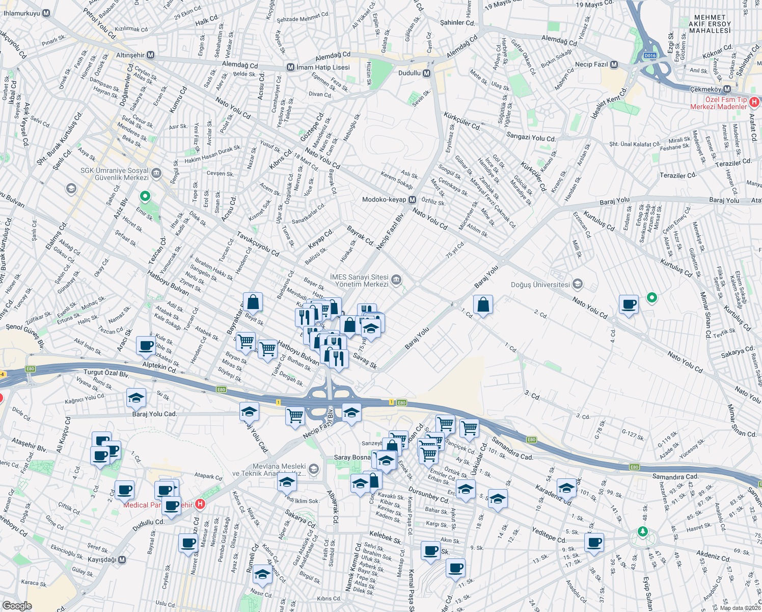 map of restaurants, bars, coffee shops, grocery stores, and more near E 504. Sokak in Ümraniye
