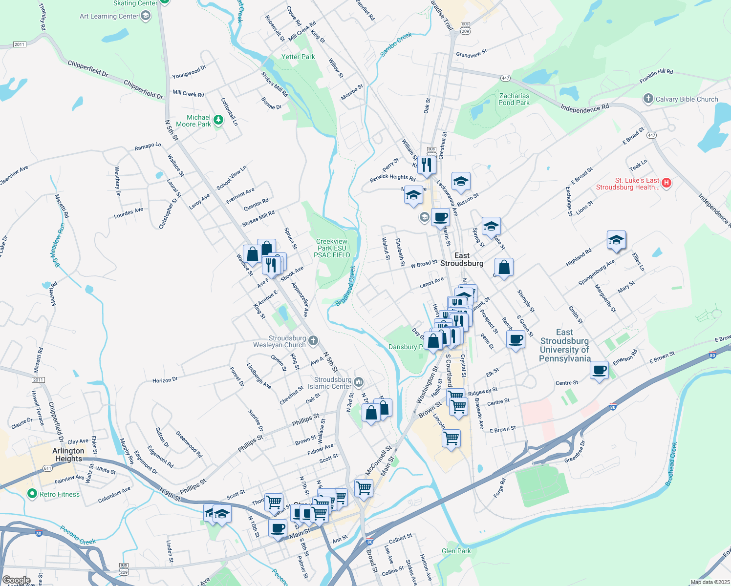 map of restaurants, bars, coffee shops, grocery stores, and more near 15 Roller Street in East Stroudsburg