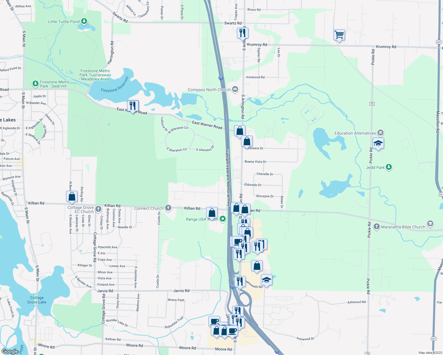 map of restaurants, bars, coffee shops, grocery stores, and more near 811 Chenoweth Drive in Akron