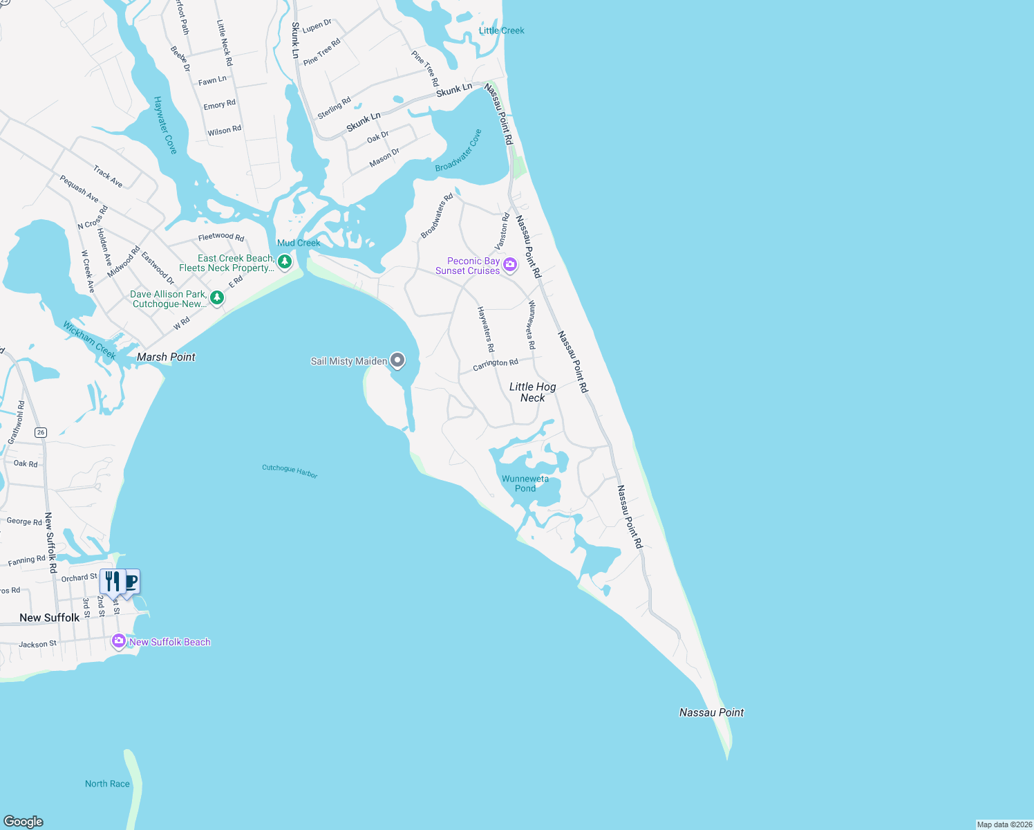 map of restaurants, bars, coffee shops, grocery stores, and more near 805 Little Peconic Bay Road in Cutchogue