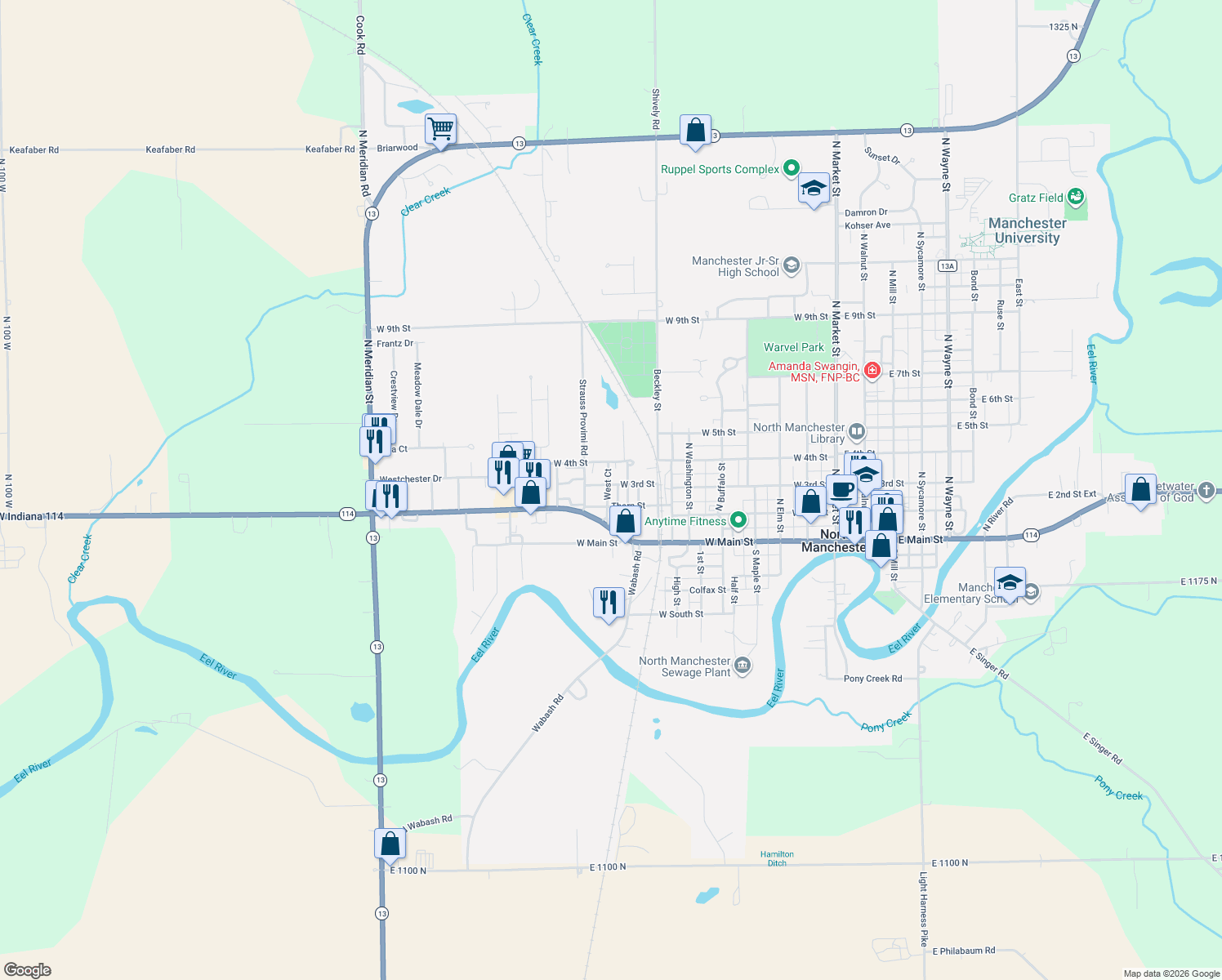 map of restaurants, bars, coffee shops, grocery stores, and more near 909 West 3rd Street in North Manchester