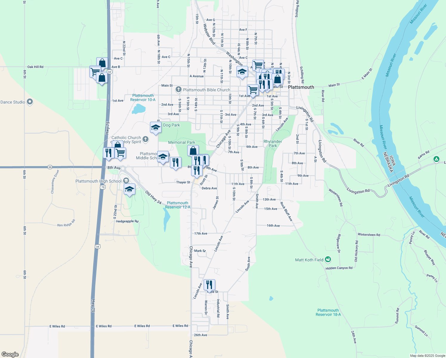 map of restaurants, bars, coffee shops, grocery stores, and more near 1022 Clinton Street in Plattsmouth