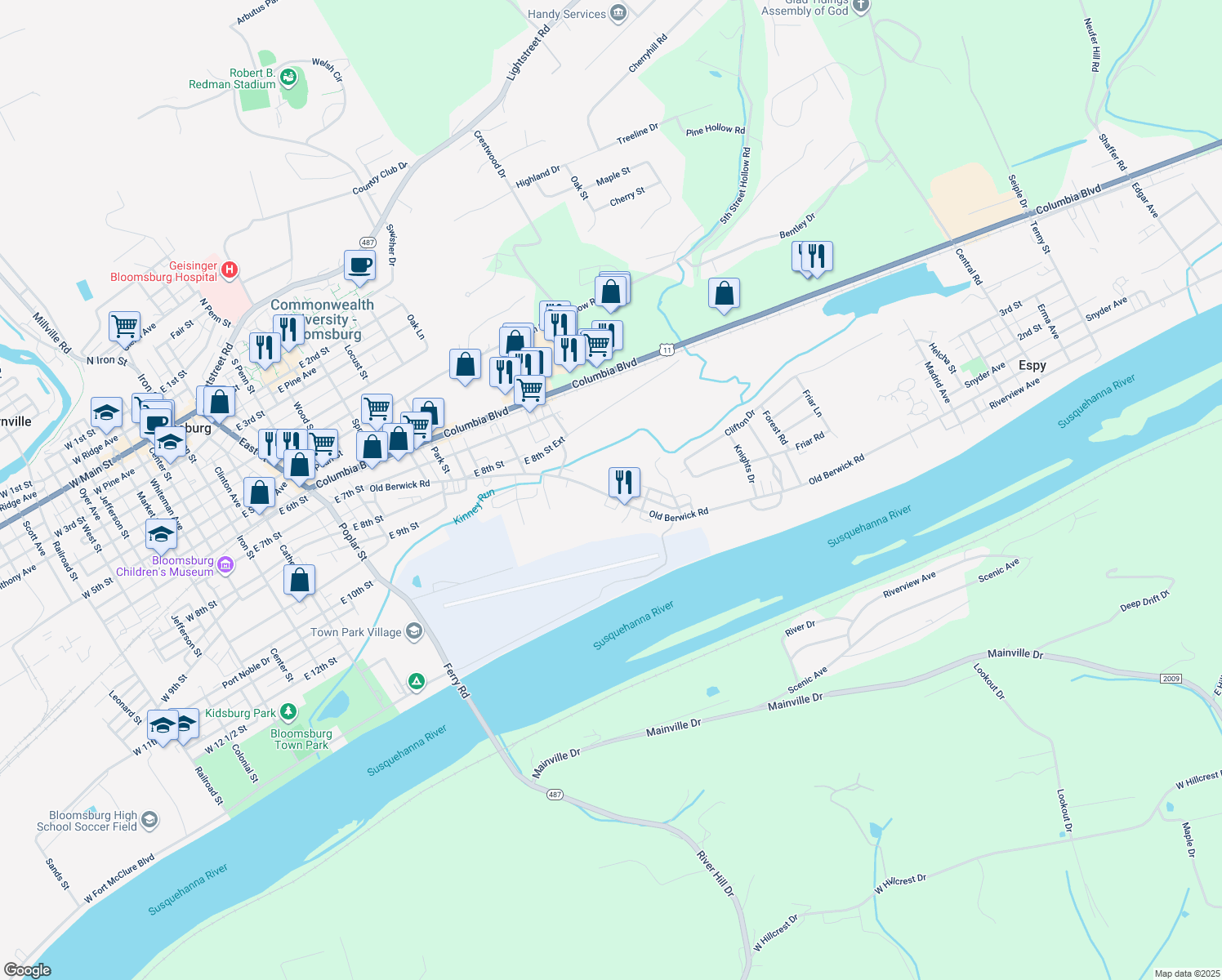 map of restaurants, bars, coffee shops, grocery stores, and more near 1219 Old Berwick Road in Bloomsburg