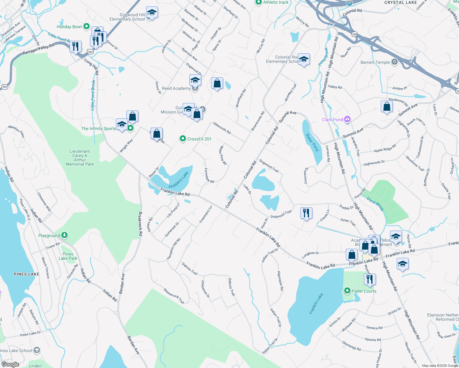 map of restaurants, bars, coffee shops, grocery stores, and more near 100 Jasmine Court in Franklin Lakes