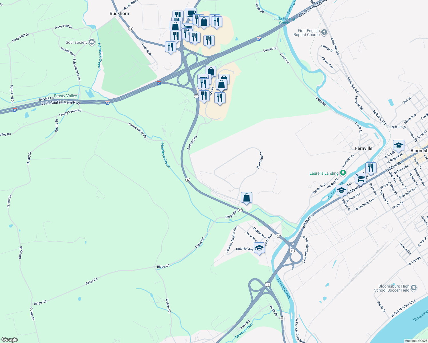 map of restaurants, bars, coffee shops, grocery stores, and more near 88 Hunt Club Dr in Bloomsburg