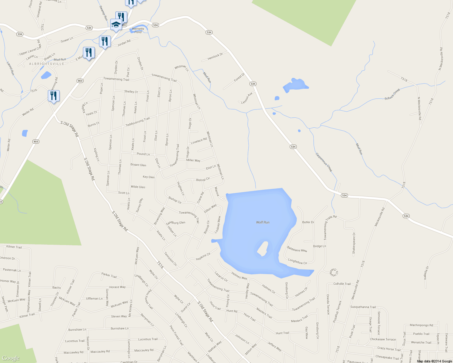 map of restaurants, bars, coffee shops, grocery stores, and more near 38 Whitman Lane in Albrightsville