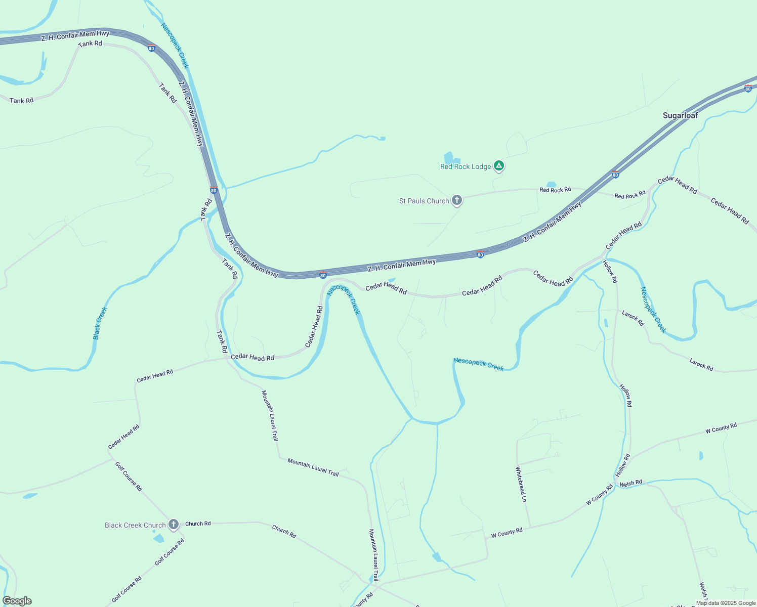 map of restaurants, bars, coffee shops, grocery stores, and more near 598 Cedar Head Road in Sugarloaf