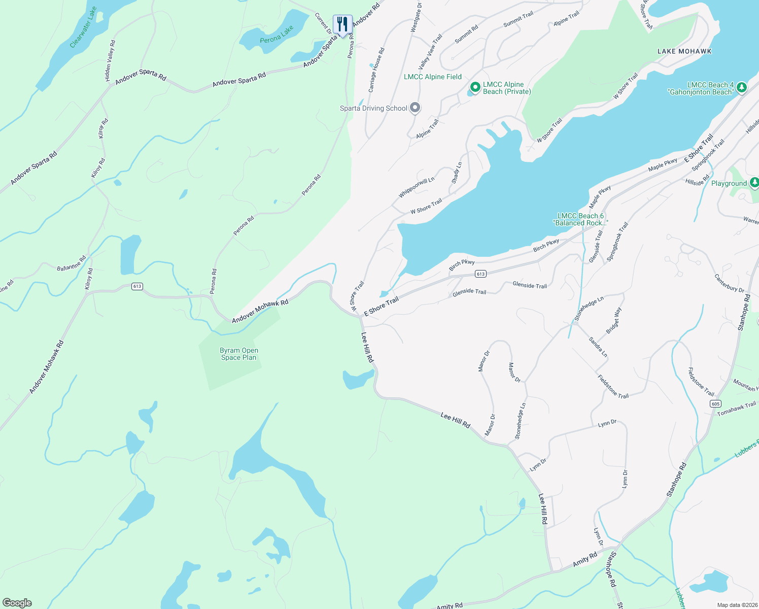 map of restaurants, bars, coffee shops, grocery stores, and more near 560 East Shore Trail in Sparta