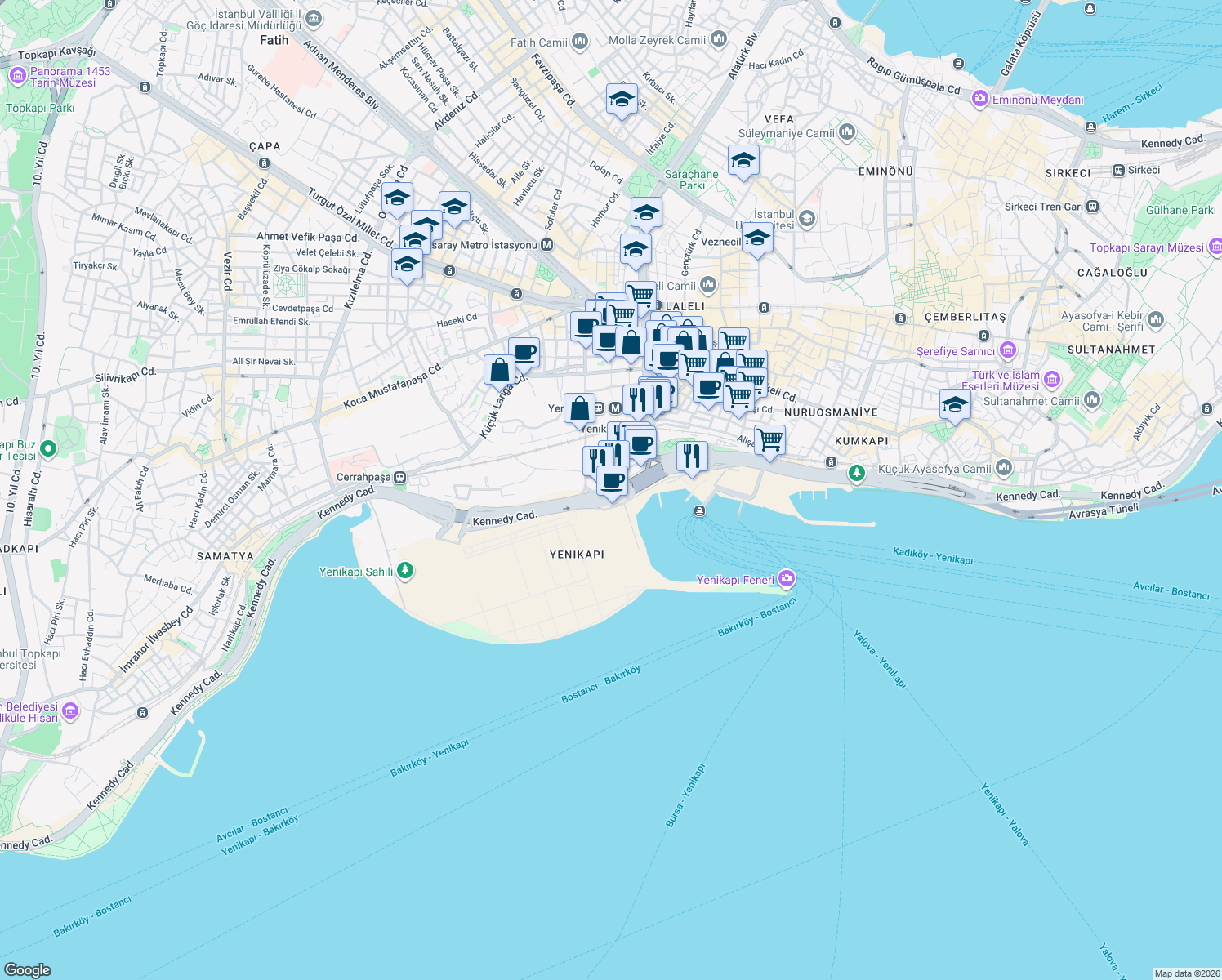 map of restaurants, bars, coffee shops, grocery stores, and more near 34 Kennedy Caddesi in Fatih