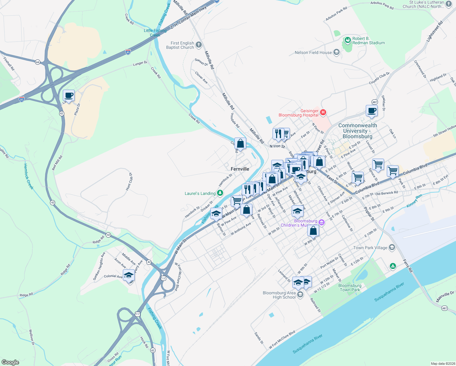 map of restaurants, bars, coffee shops, grocery stores, and more near 239 Drinker Street in Bloomsburg