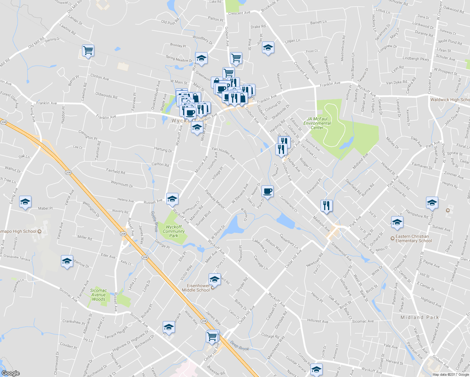 map of restaurants, bars, coffee shops, grocery stores, and more near 314 Sunset Boulevard in Wyckoff