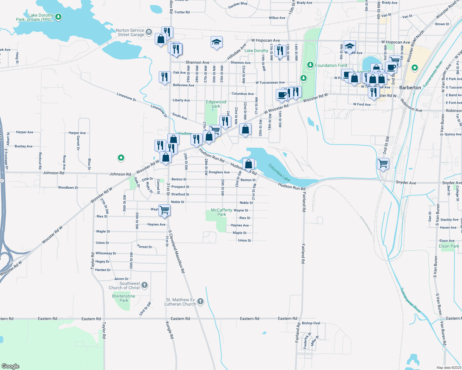 map of restaurants, bars, coffee shops, grocery stores, and more near 1149 Prospect St in Barberton