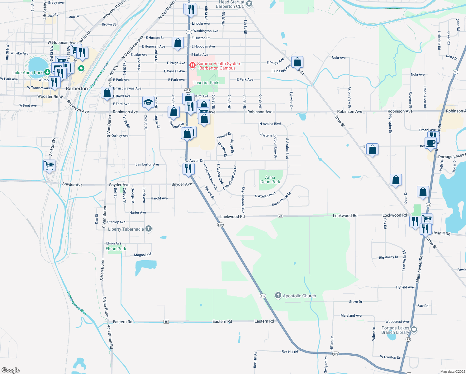 map of restaurants, bars, coffee shops, grocery stores, and more near 279 E Heatherwood Dr in Barberton