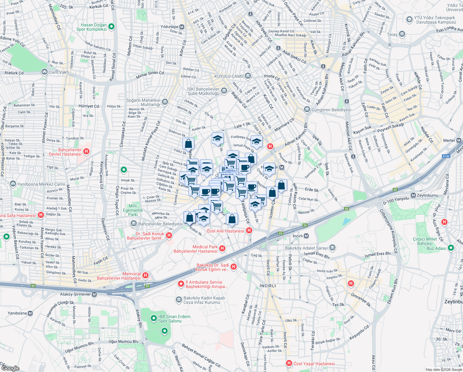 map of restaurants, bars, coffee shops, grocery stores, and more near Adnan Kahveci Bulvarı in Bahçelievler