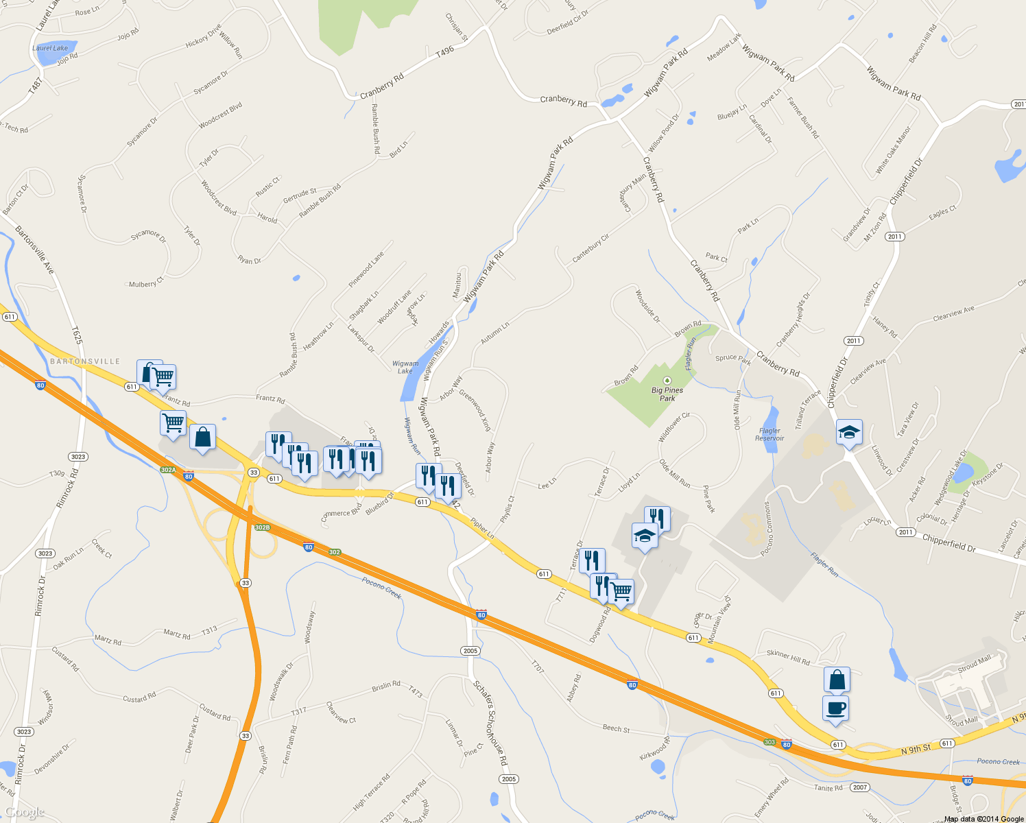 map of restaurants, bars, coffee shops, grocery stores, and more near 132 Arbor Way in Stroudsburg