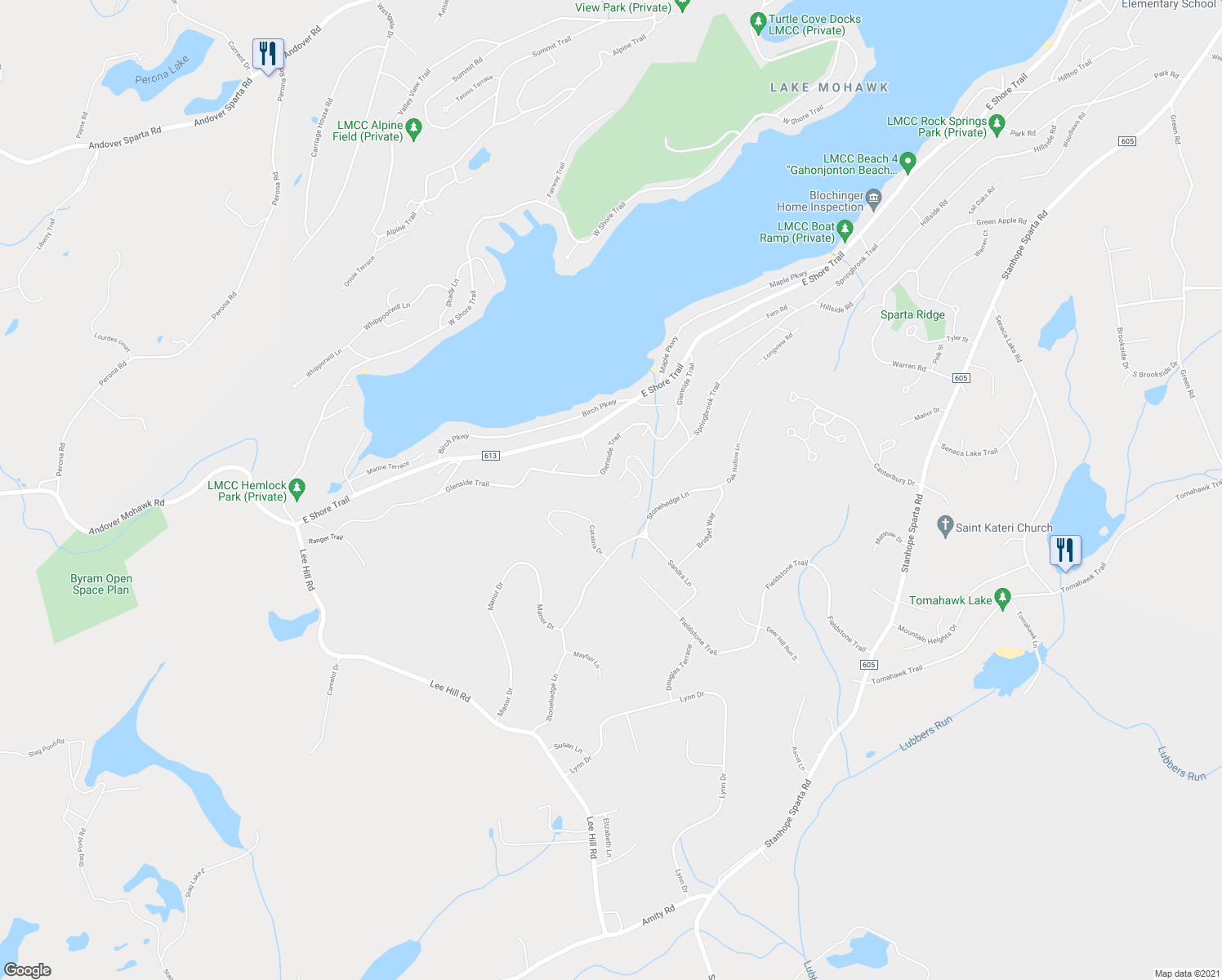 map of restaurants, bars, coffee shops, grocery stores, and more near 6 Springbrook Terrace in Sparta Township