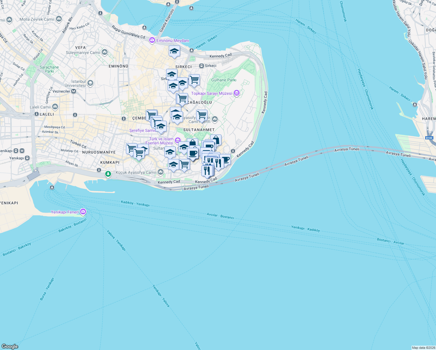 map of restaurants, bars, coffee shops, grocery stores, and more near 34 Kennedy Caddesi in Fatih