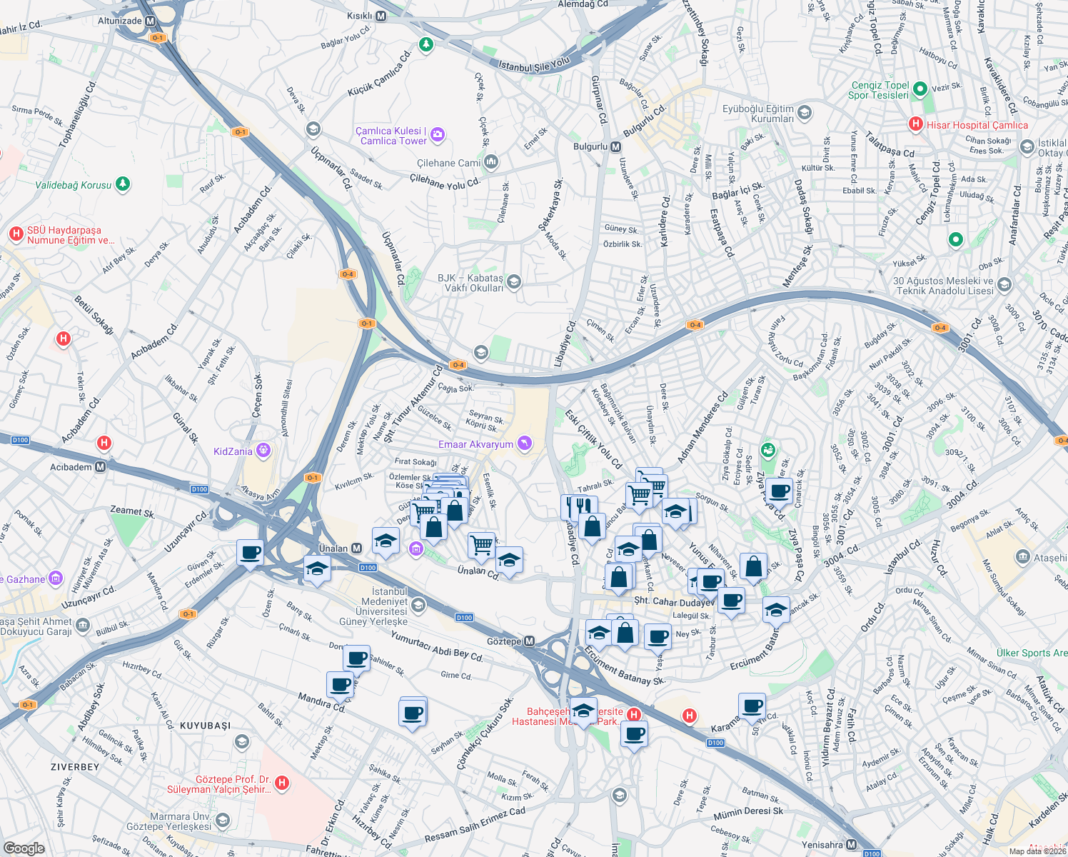 map of restaurants, bars, coffee shops, grocery stores, and more near 88 Libadiye Caddesi in Üsküdar