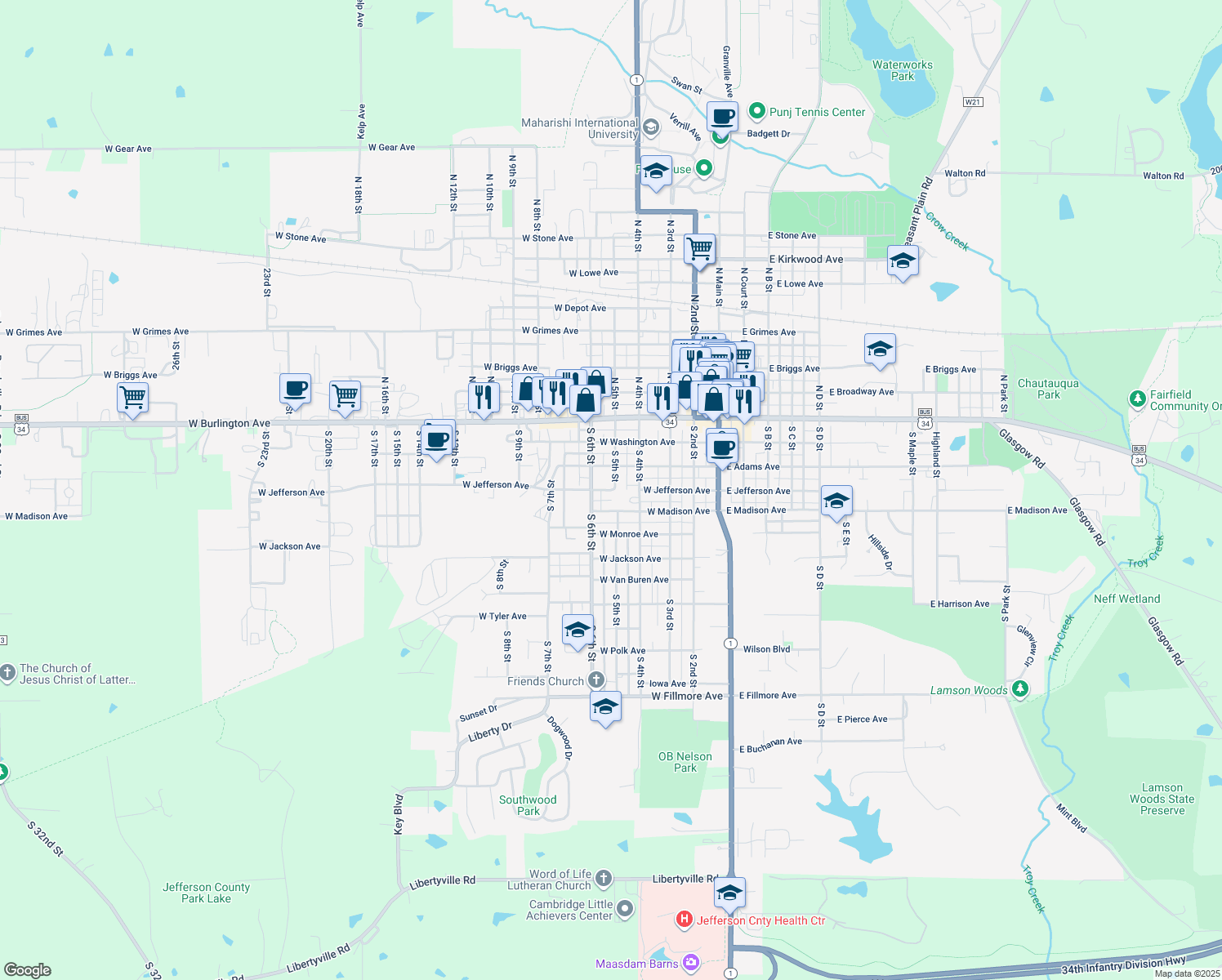 map of restaurants, bars, coffee shops, grocery stores, and more near 398 S 5th St in Fairfield