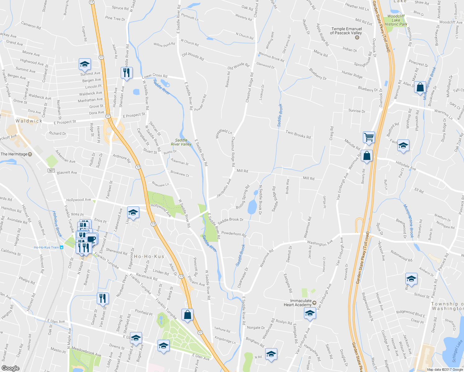 map of restaurants, bars, coffee shops, grocery stores, and more near 54 Jacquelin Avenue in Ho-Ho-Kus