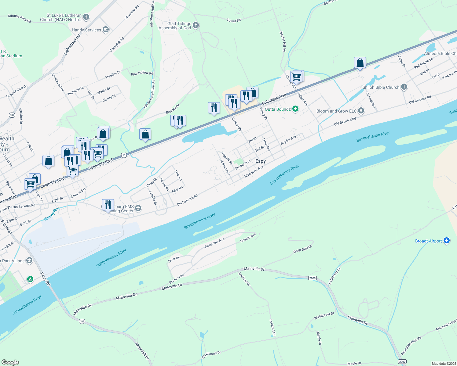 map of restaurants, bars, coffee shops, grocery stores, and more near 2138 Old Berwick Rd in Bloomsburg