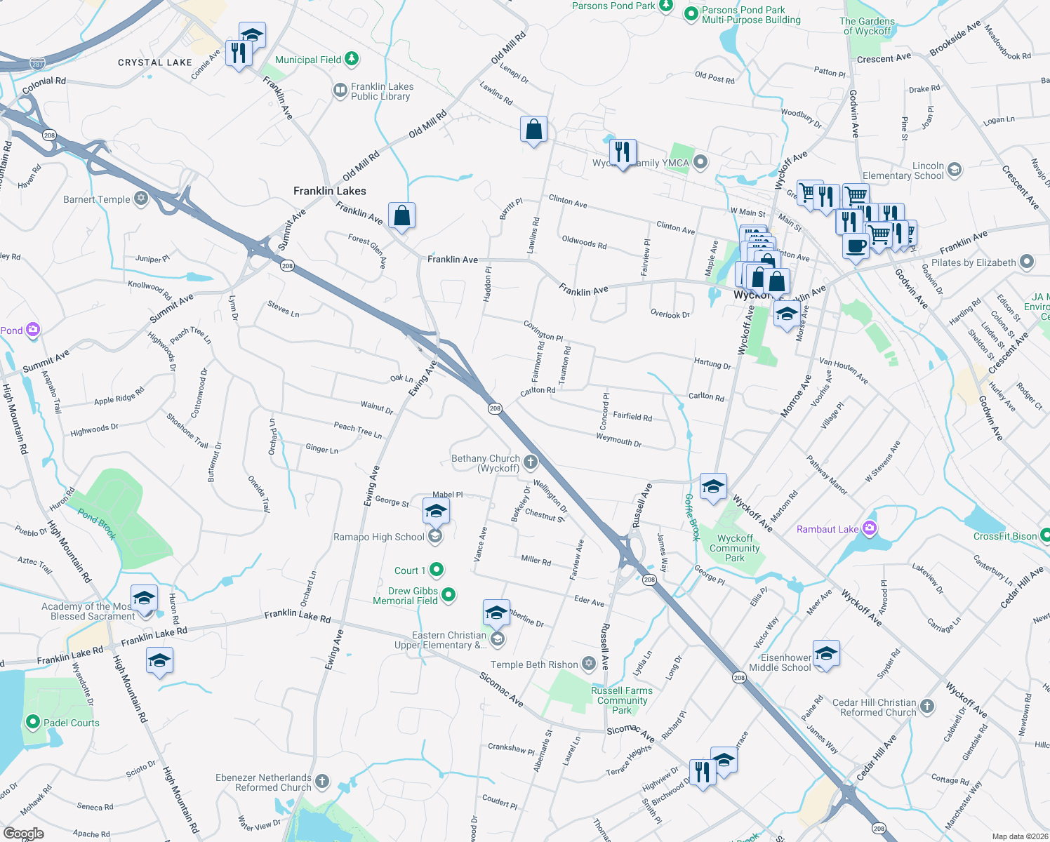 map of restaurants, bars, coffee shops, grocery stores, and more near 502 Weymouth Drive in Wyckoff