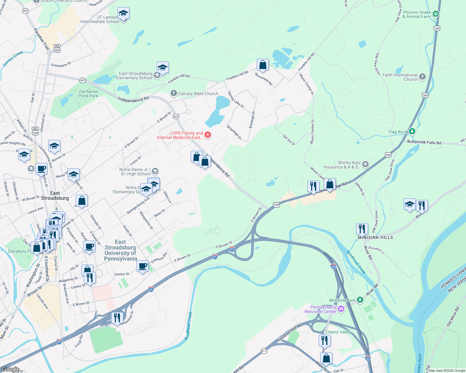map of restaurants, bars, coffee shops, grocery stores, and more near 524 Independence Road in East Stroudsburg