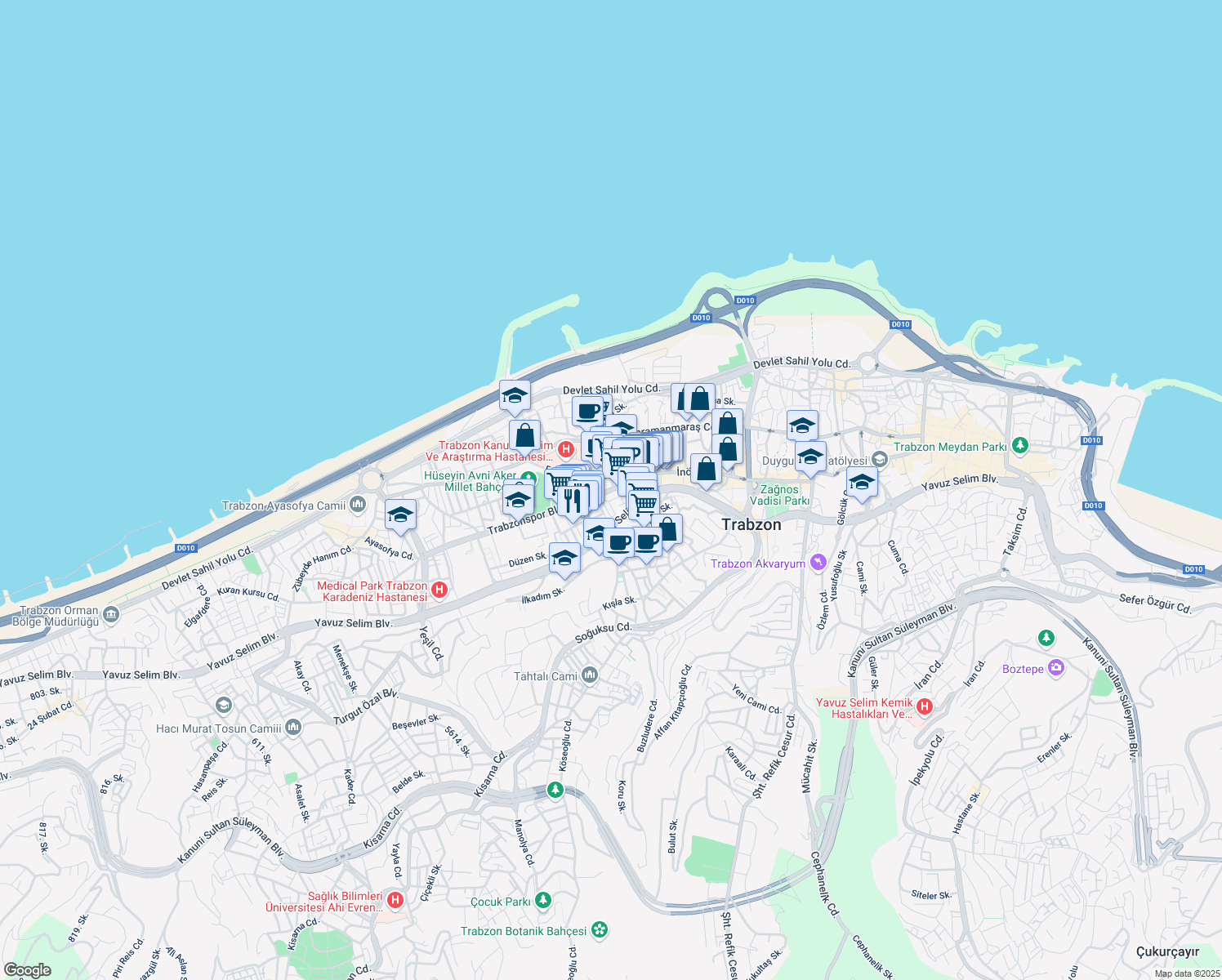 map of restaurants, bars, coffee shops, grocery stores, and more near 125 Trabzonspor Bulvarı (İnönü Cd.) in Trabzon