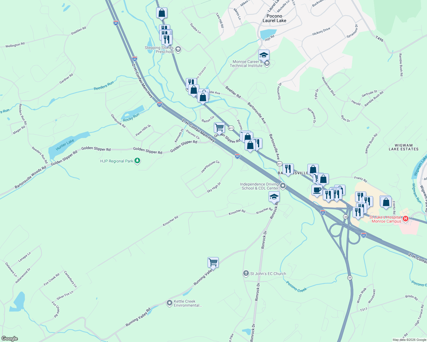 map of restaurants, bars, coffee shops, grocery stores, and more near 86 Hearth Stone Cir in Monroe