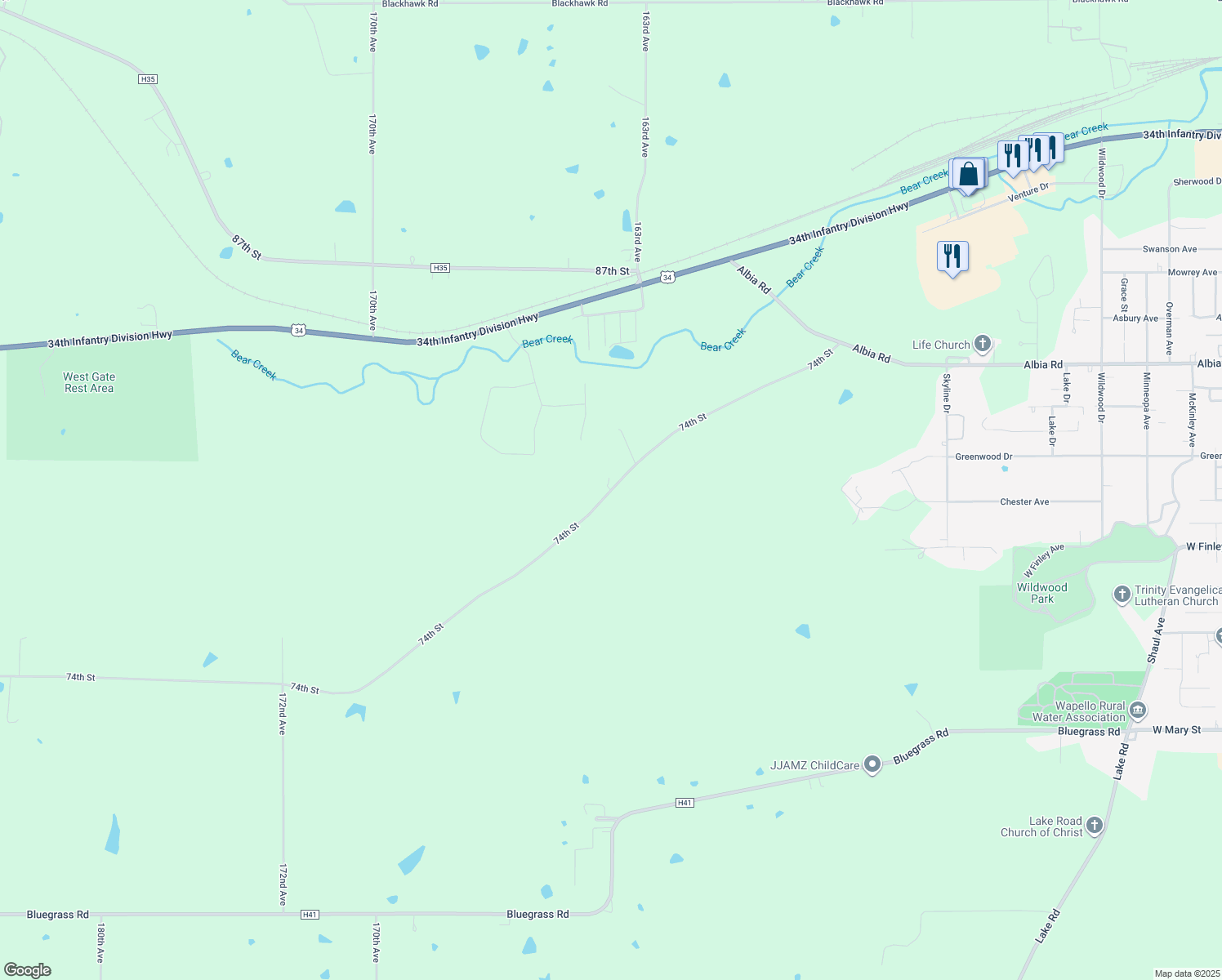 map of restaurants, bars, coffee shops, grocery stores, and more near 16322 74th Street in Ottumwa