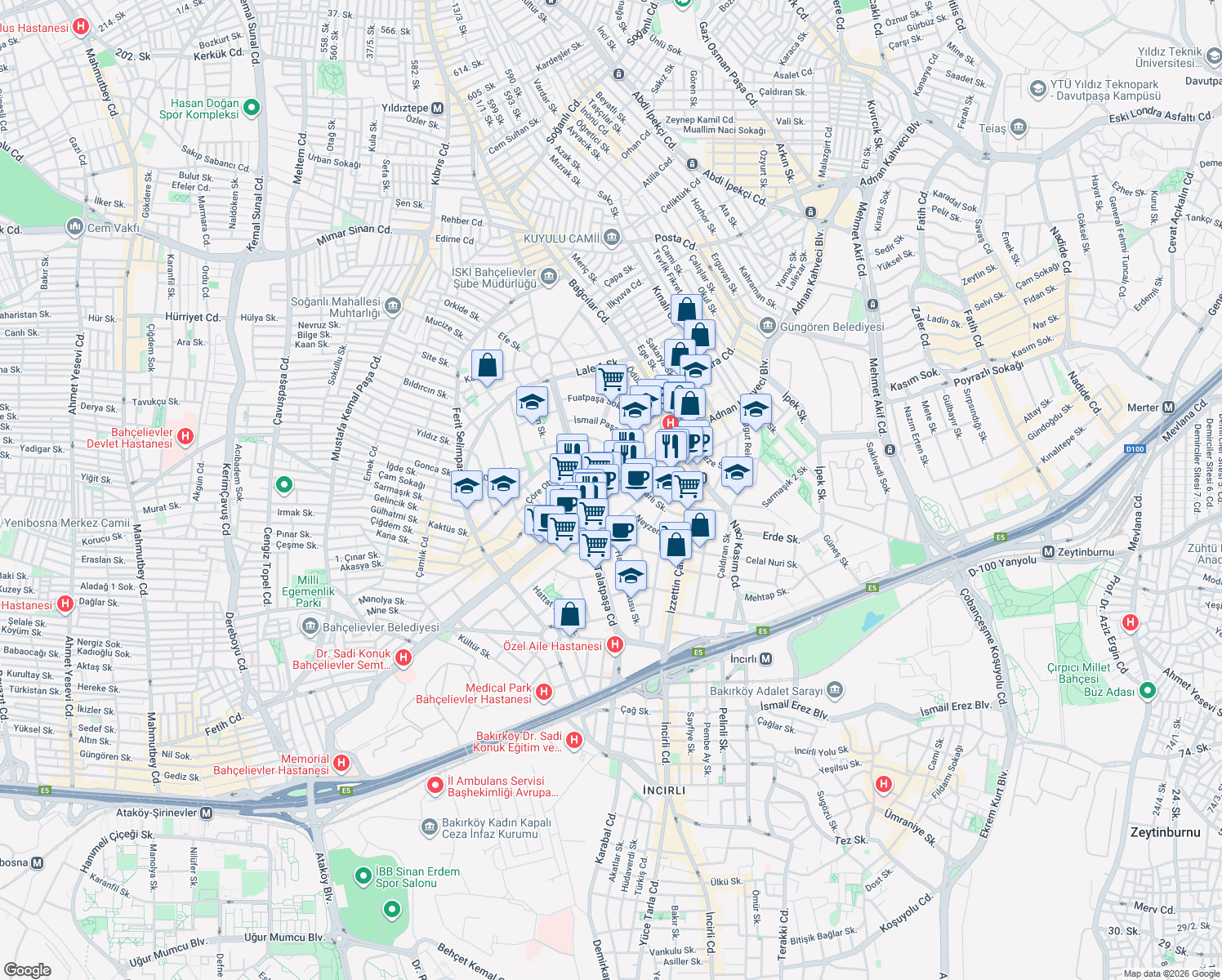 map of restaurants, bars, coffee shops, grocery stores, and more near Adnan Kahveci Bulvarı in Bahçelievler