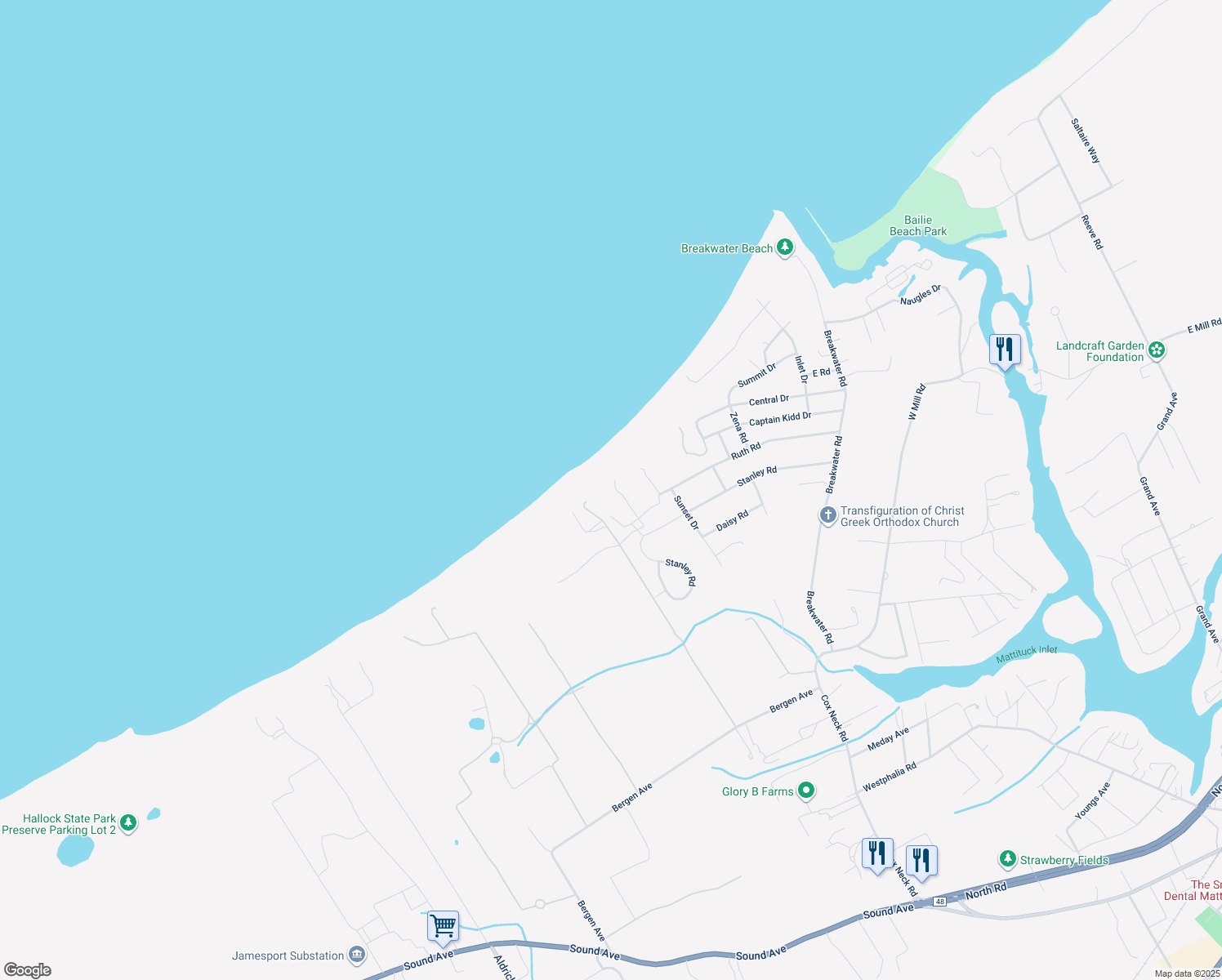 map of restaurants, bars, coffee shops, grocery stores, and more near 3502 Private Road in Mattituck