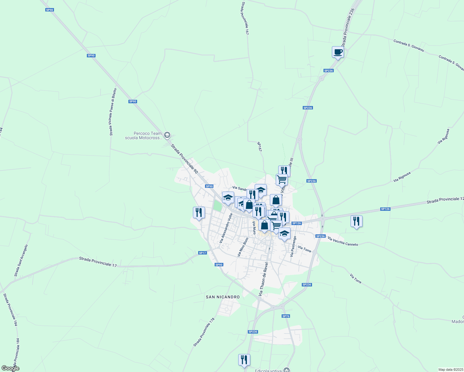 map of restaurants, bars, coffee shops, grocery stores, and more near Via Sandro Pertini in Bitonto